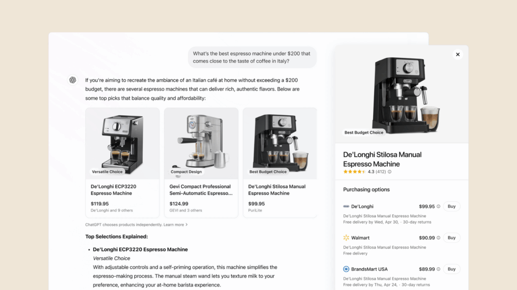 ChatGPT Shopping results showing espresso machine
